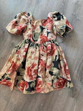 Rare Editions Floral Puff-Sleeve Dress - Red, Black & Cream